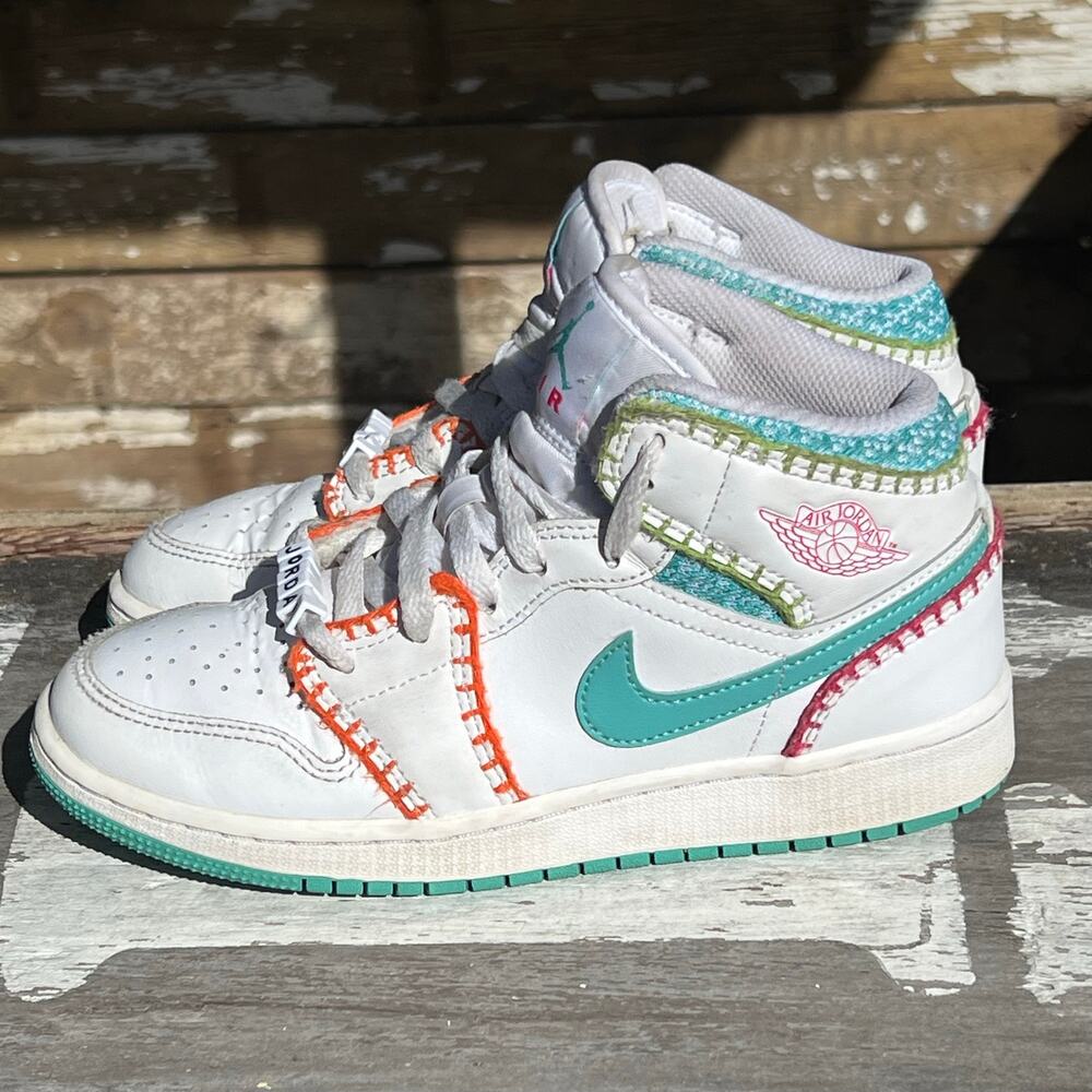 Jordan 1 Mid Multi Knit GS Sneaker Shoes Girls 4 Leather White Aqua Pink DM6218